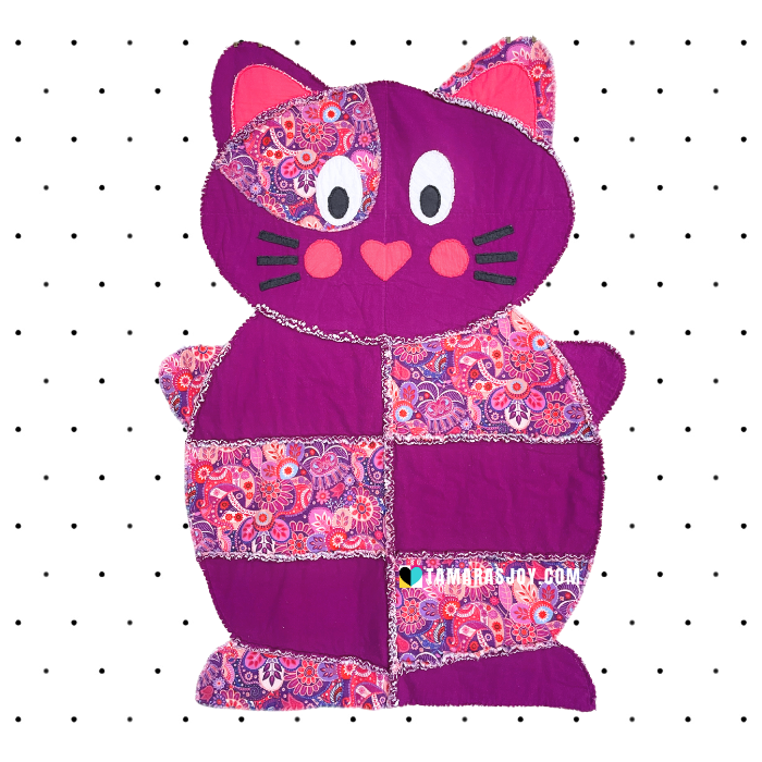 Image of an Animal Rag Quilt in the shape of a Cat. Purple.