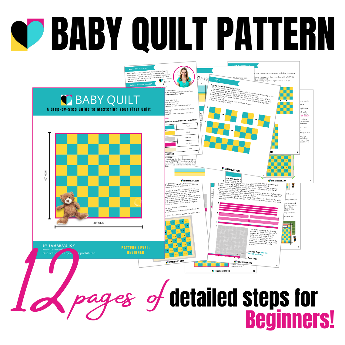 Promotional image for a Baby Quilt Pattern PDF showing the cover and contents, indicating it is a checkered design suitable for beginners with detailed instructions.