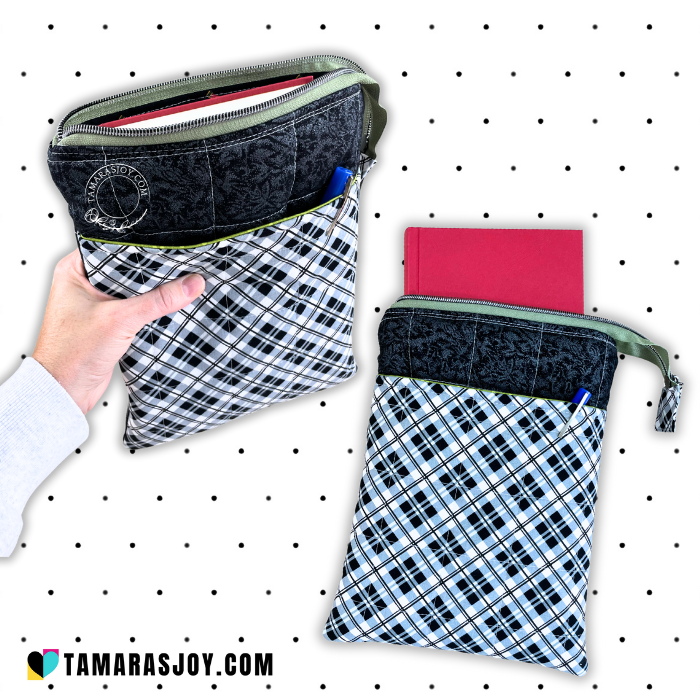Two plaid pouches with zippers, one held by a hand, on a white background with black dots. TamarasJoy.com branding visible.