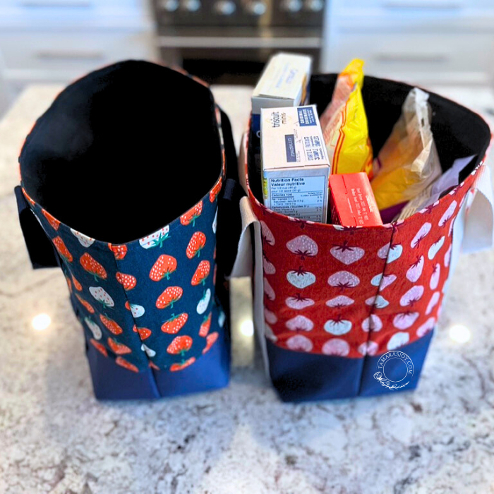 Two grocery bags, one empty and one full.